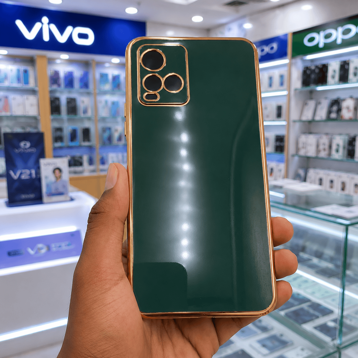6D Golden Edge Chrome Back Cover For Vivo Y21/Y33s Phone Case Dark Green Onezeros.in