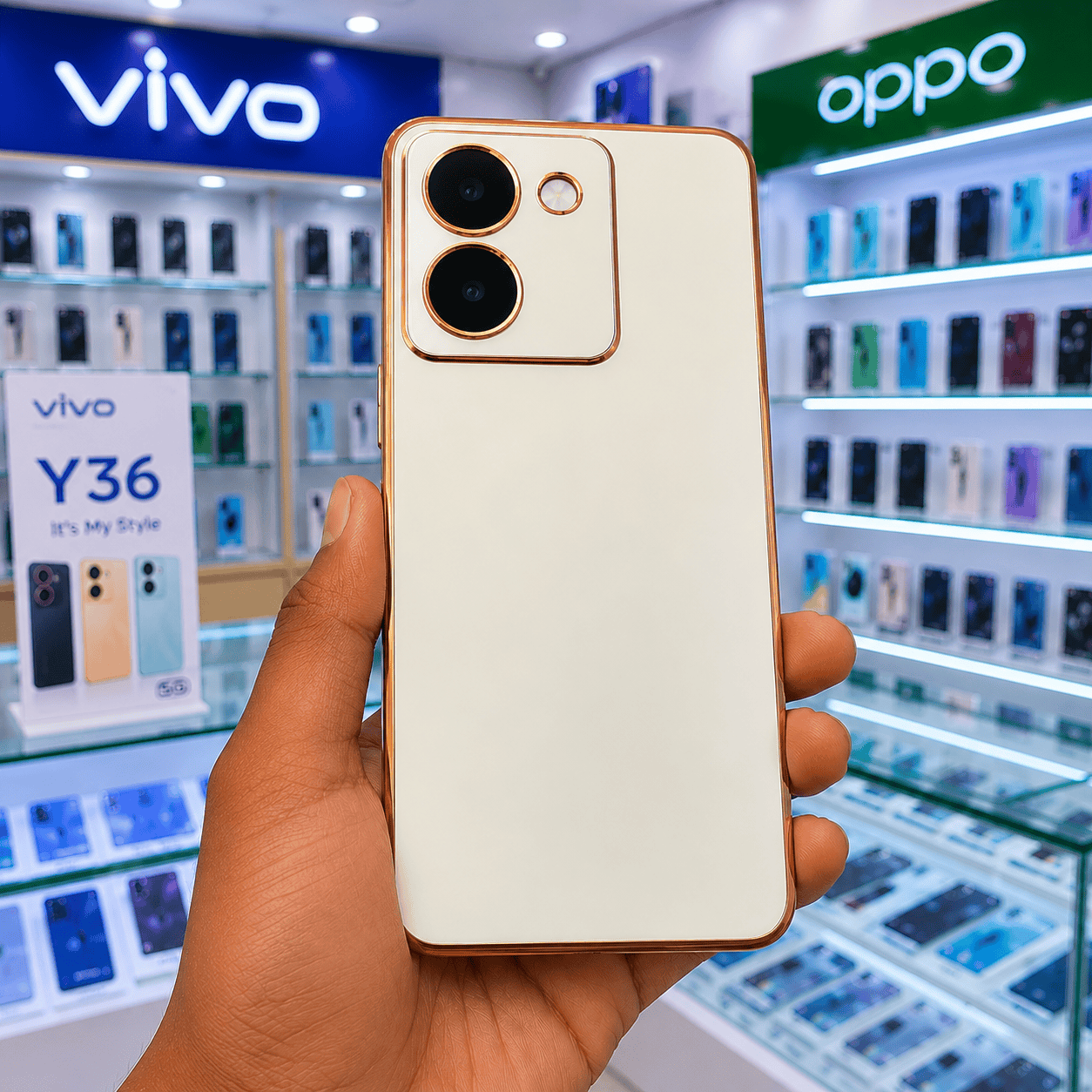 6D Golden Edge Chrome Back Cover For Vivo Y36 Phone Case White Onezeros.in