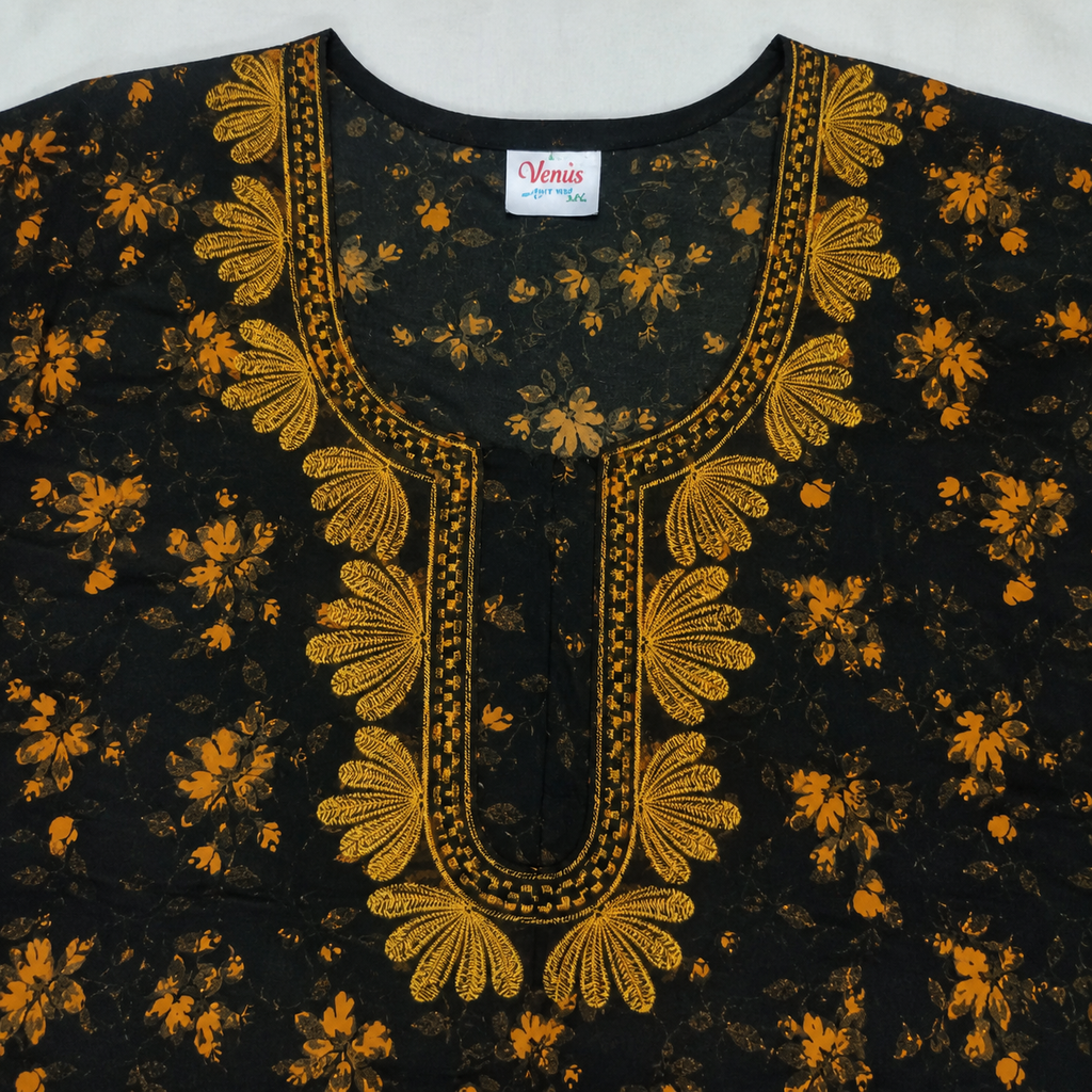 Women's Black & Mustard Floral Rayon Nighty with Embroidered Neckline & Front Zip (XXL)