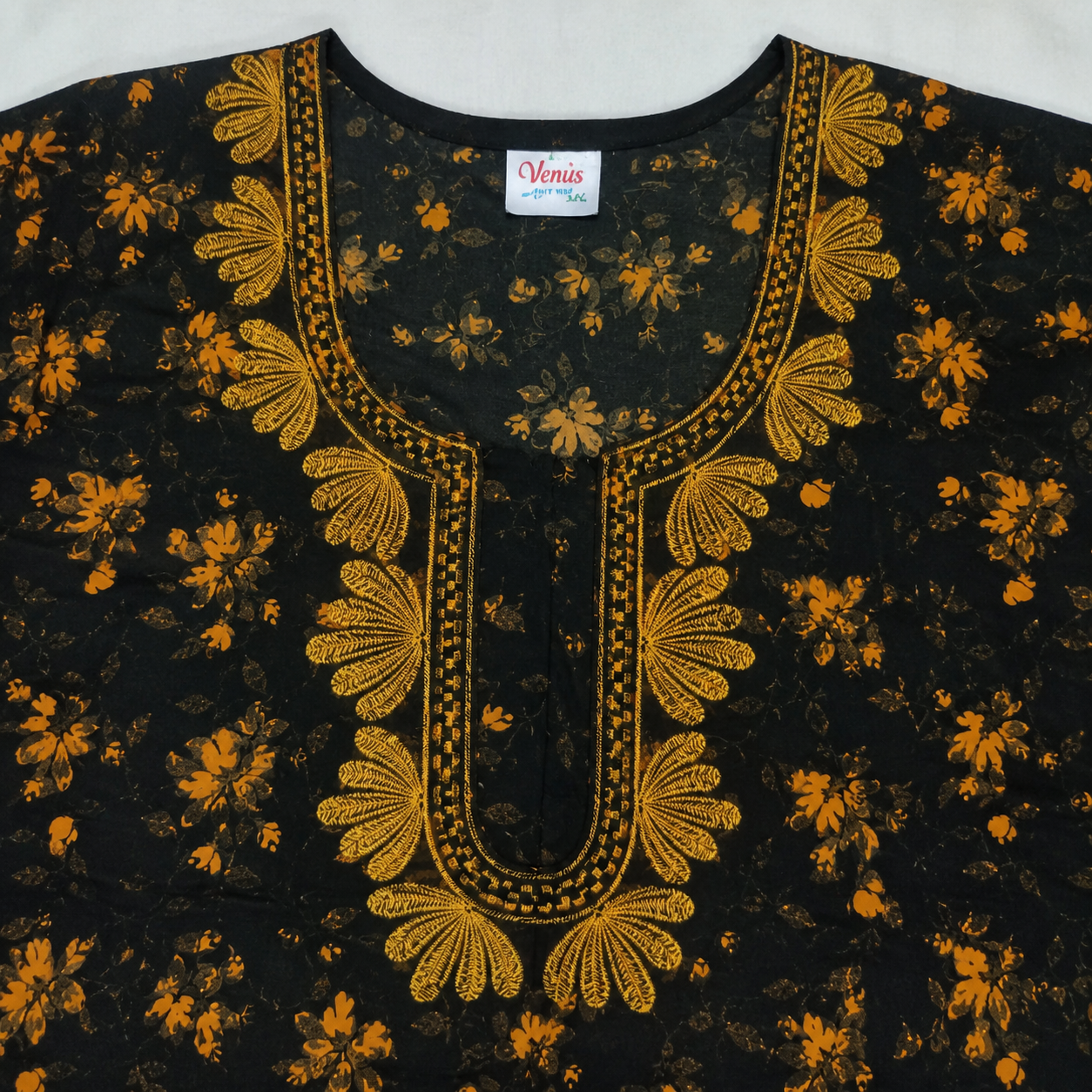 Women's Black & Mustard Floral Rayon Nighty with Embroidered Neckline & Front Zip (XXL)