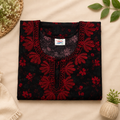 Women's Rayon Printed Nighty with Front Zip, Pocket & Embroidered Neckline – Black & Red (XXL)