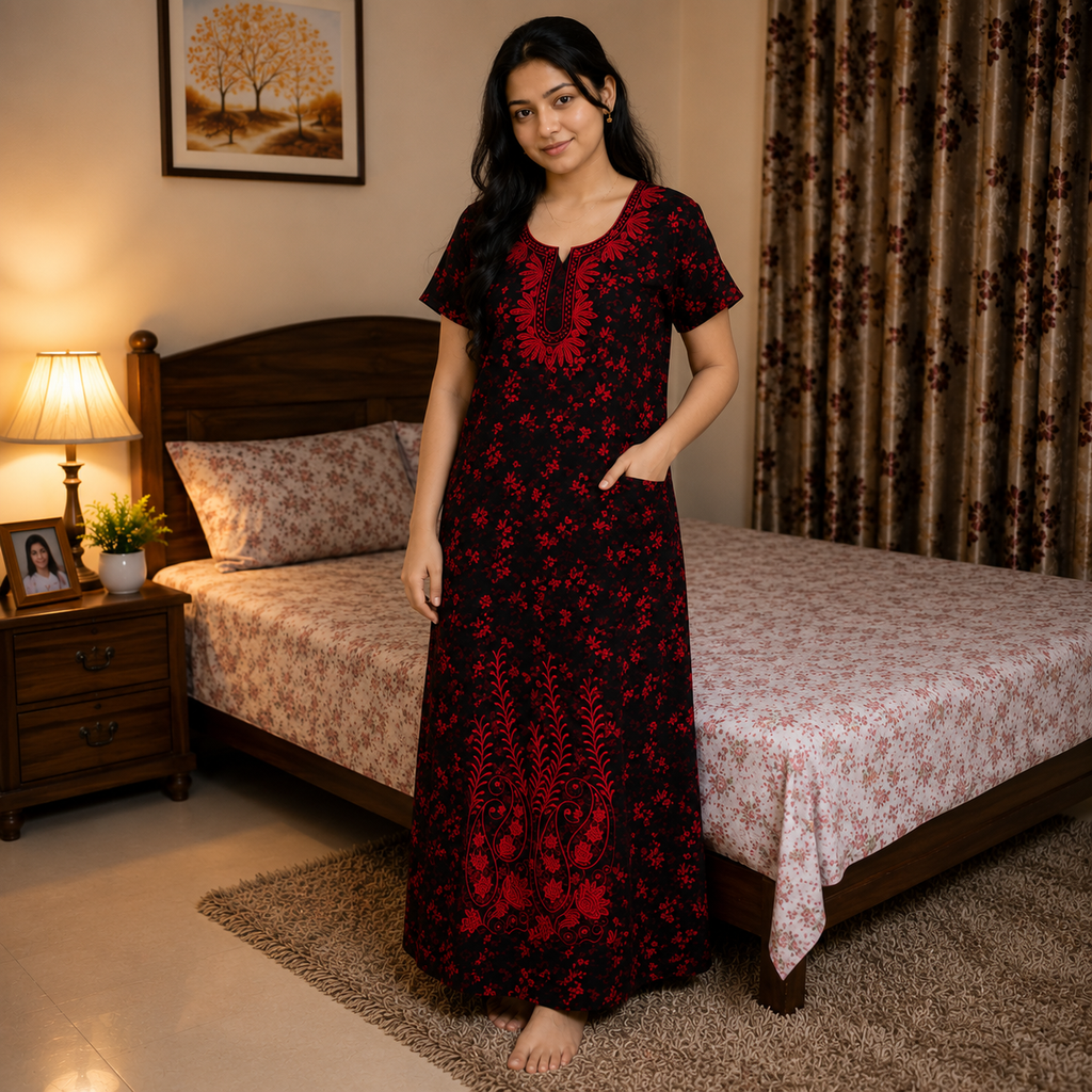 Women's Rayon Printed Nighty with Front Zip, Pocket & Embroidered Neckline – Black & Red (XXL)