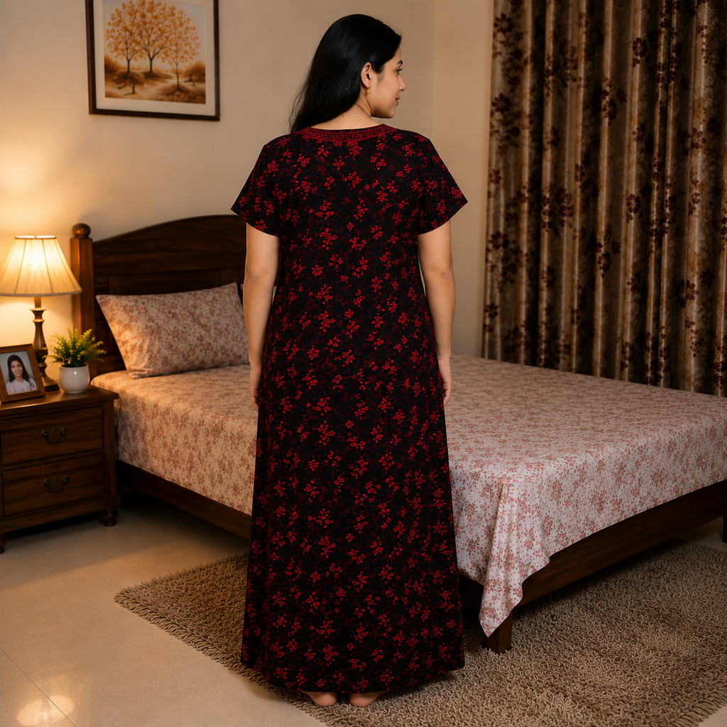 Women's Rayon Printed Nighty with Front Zip, Pocket & Embroidered Neckline – Black & Red (XXL)