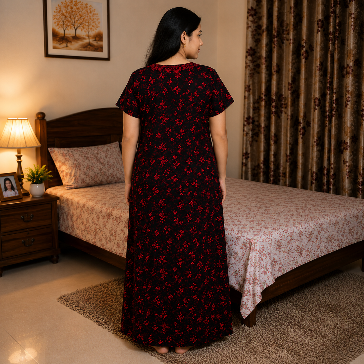 Women's Rayon Printed Nighty with Front Zip, Pocket & Embroidered Neckline – Black & Red (XXL)