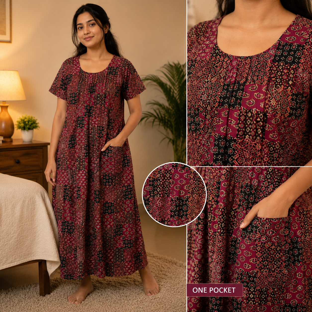 Women's Maroon Patchwork Printed Cotton Nighty – Soft & Comfortable Home Wear | XL & XXL