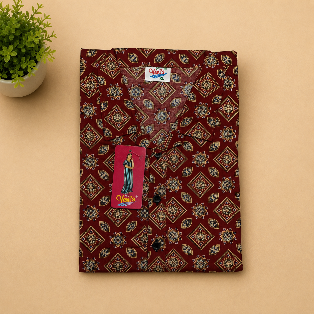 Maroon Printed Collar Neck Cotton Nighty for Women | Soft & Comfortable Daily Wear
