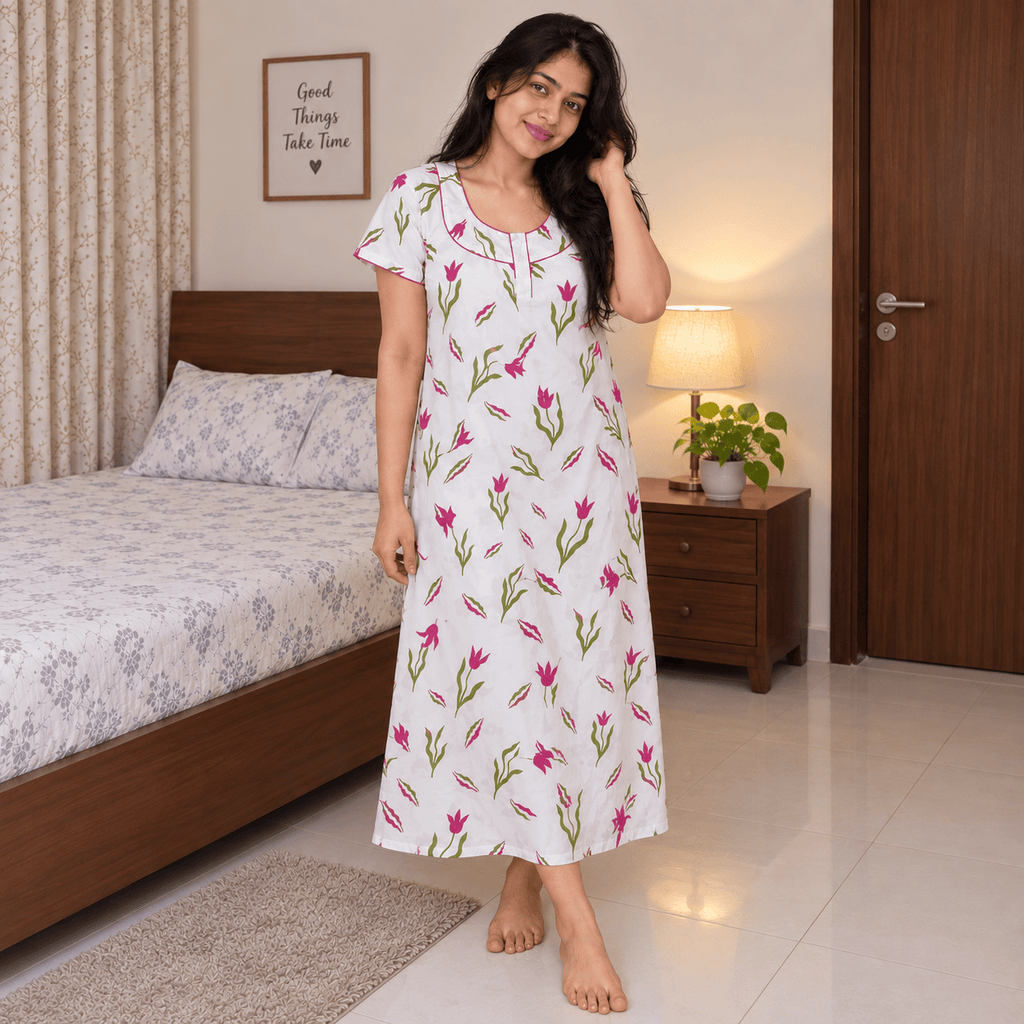 Women's white floral printed nighty with pink flowers and front zip
