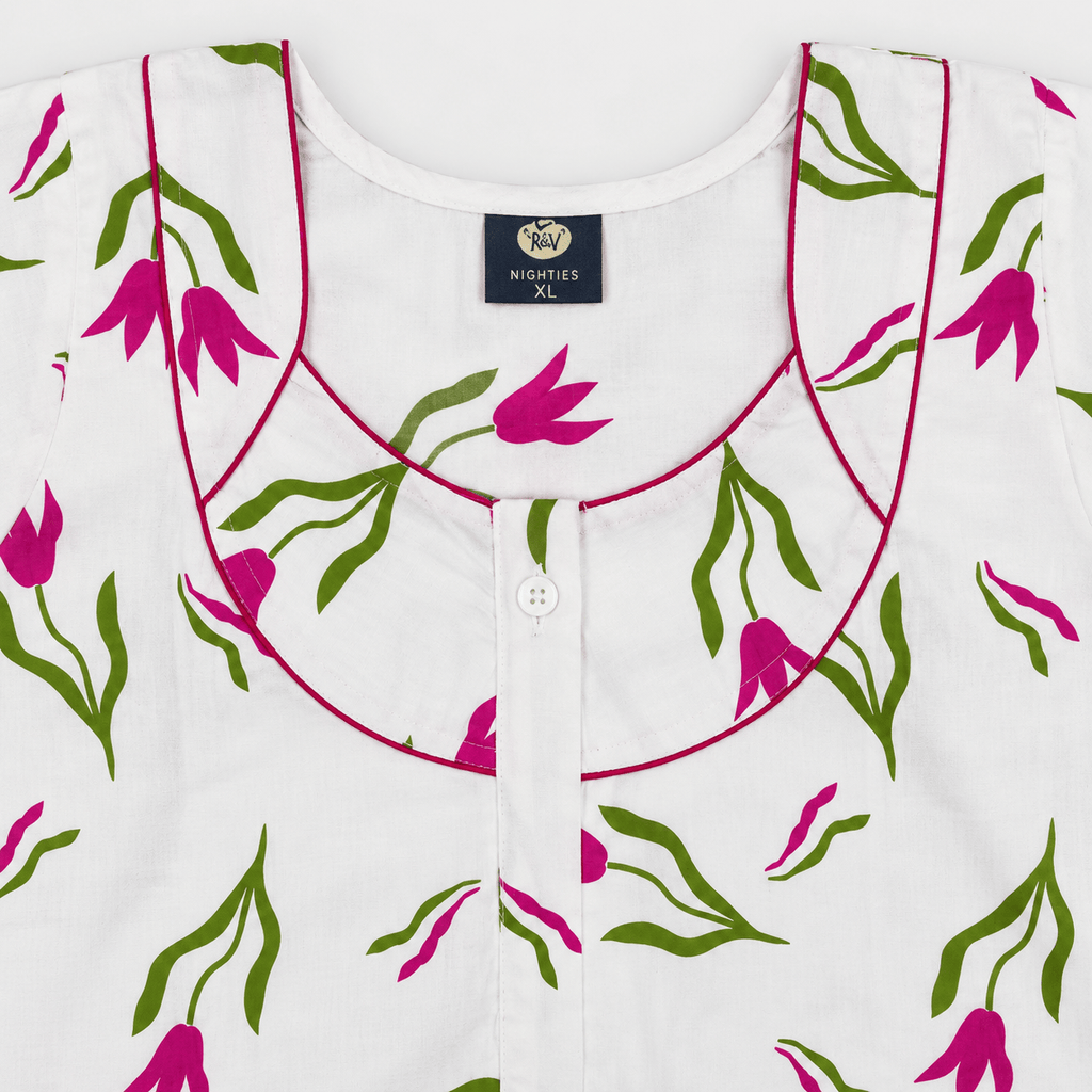 Close-up of women's floral nighty round neckline with contrast piping and front zip