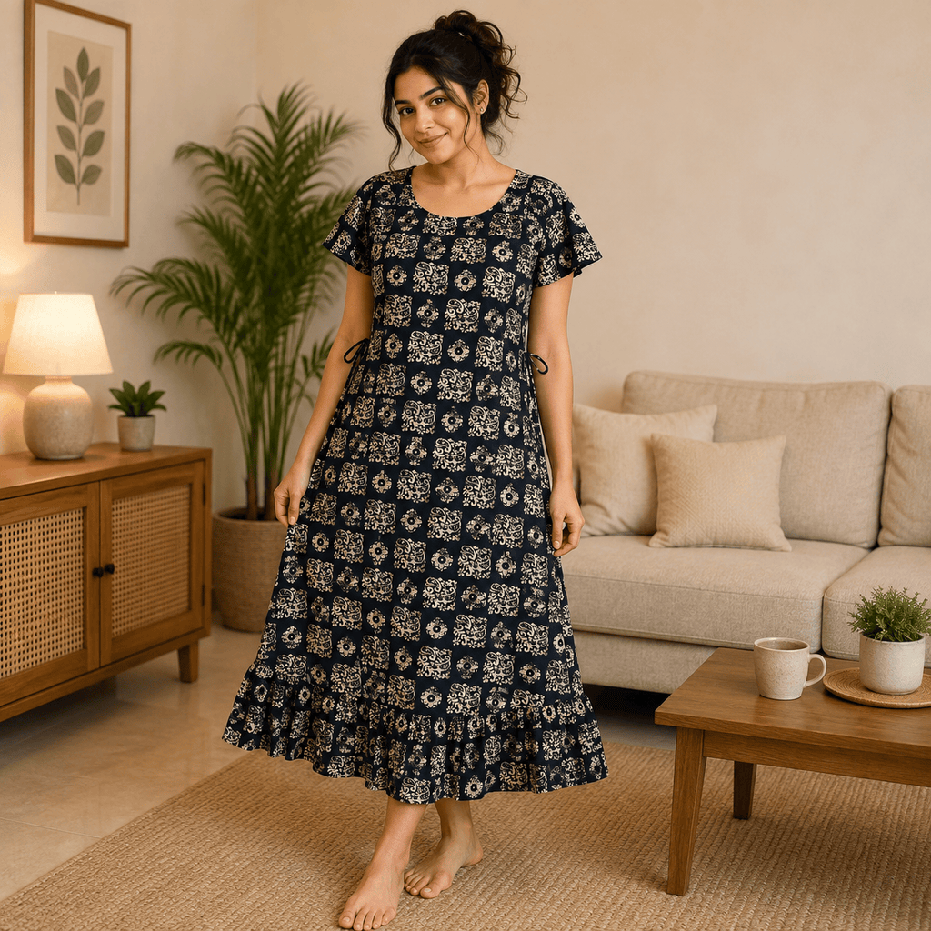 Luxmi Cotton Frock Nighty for Women – Printed Adjustable Robe