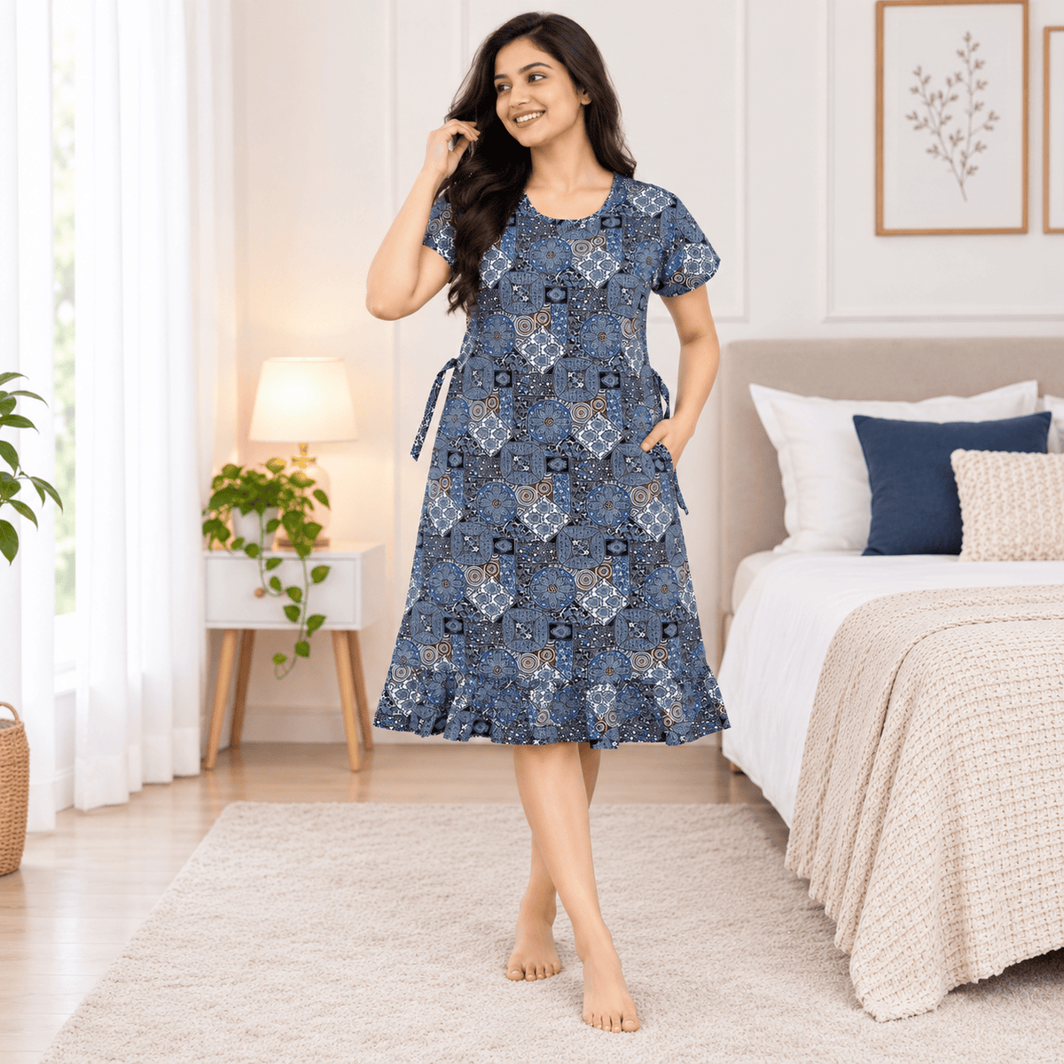 Veni’s Cotton Frock Nighty for Women – Printed Mid-Length Nightwear with Adjustable Rope