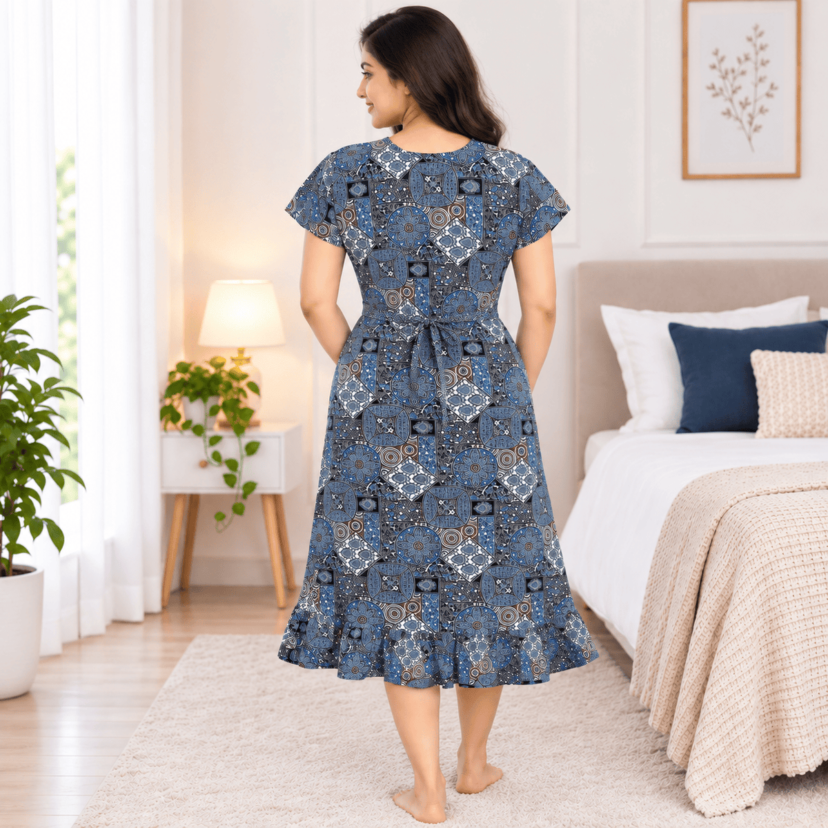 Veni’s Cotton Frock Nighty for Women – Printed Mid-Length Nightwear with Adjustable Rope