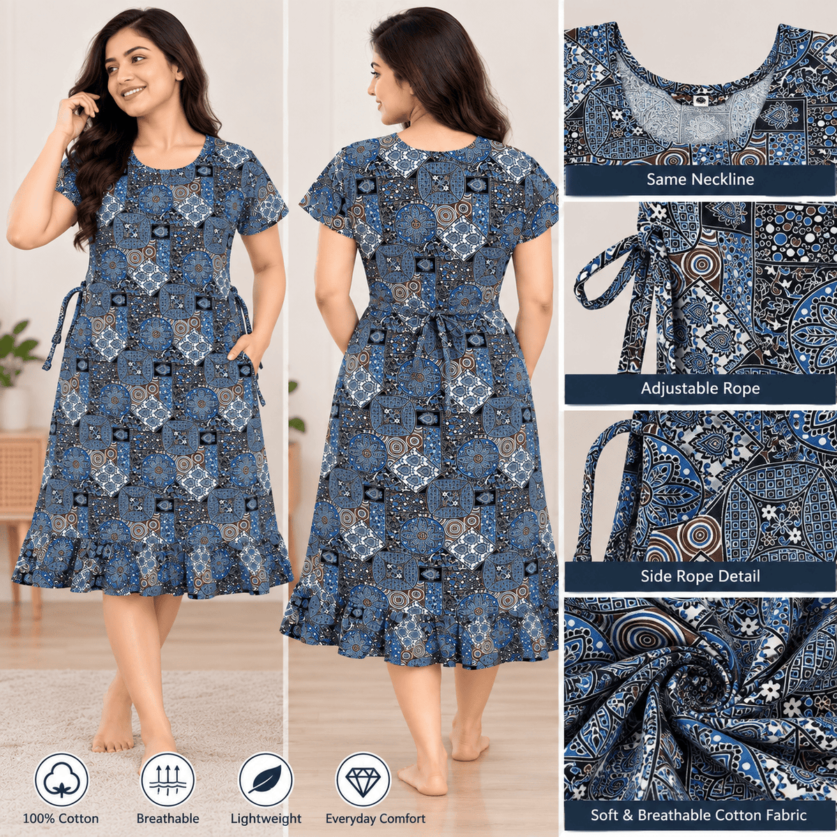 Veni’s Cotton Frock Nighty for Women – Printed Mid-Length Nightwear with Adjustable Rope