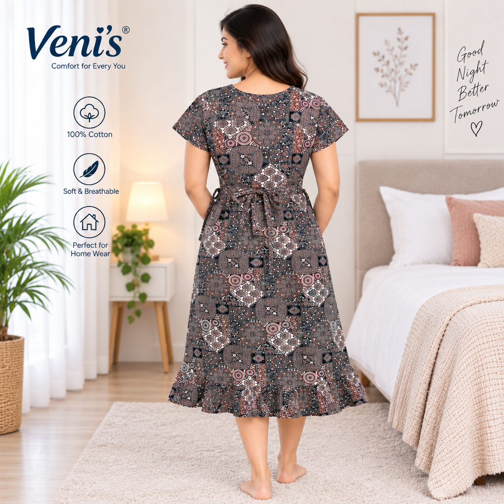 Veni's Cotton Printed Frock Nighty for Women – Comfortable Short Sleeve Nightwear