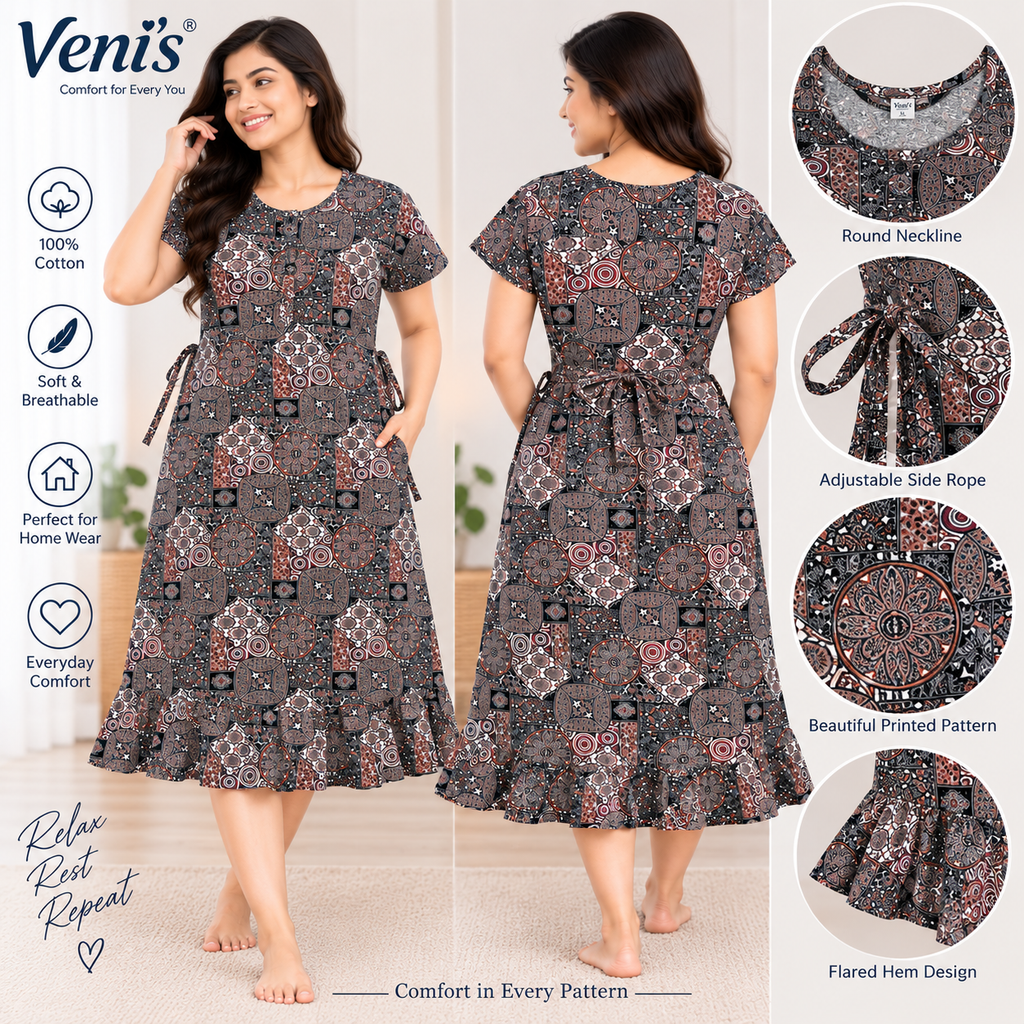 Veni's Cotton Printed Frock Nighty for Women – Comfortable Short Sleeve Nightwear