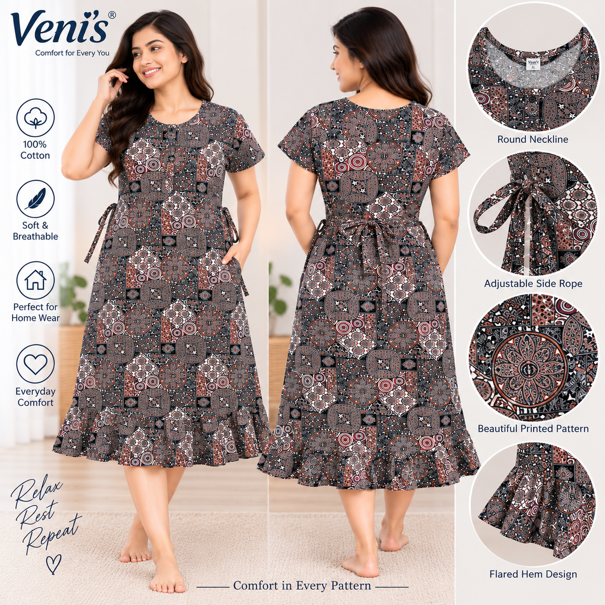 Veni's Cotton Printed Frock Nighty for Women – Comfortable Short Sleeve Nightwear