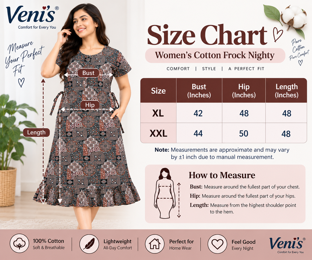 Veni's Cotton Printed Frock Nighty for Women – Comfortable Short Sleeve Nightwear