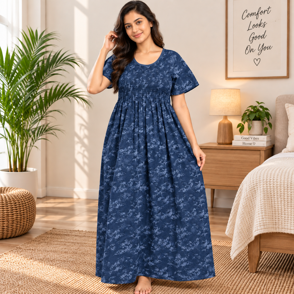 Veni's Women's Cotton Printed Frock Nighty – Navy Blue