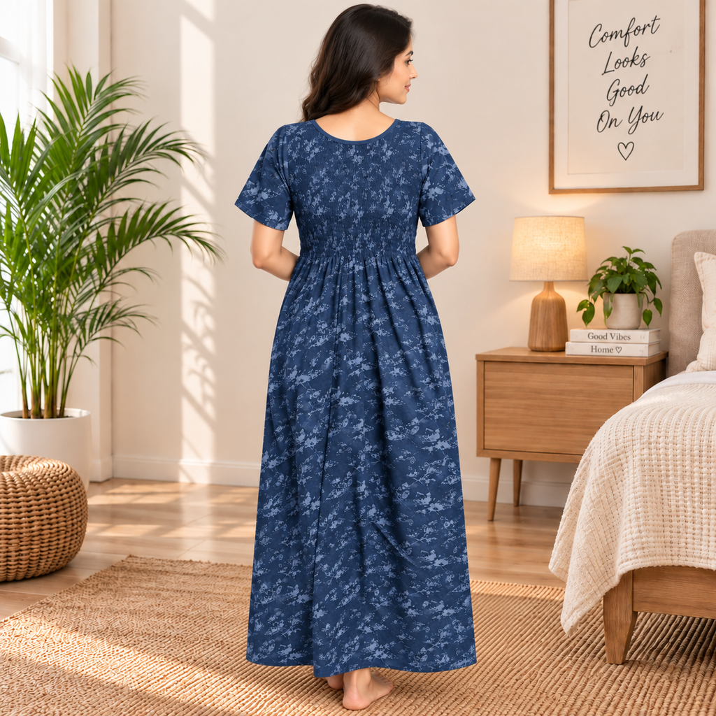 Veni's Women's Cotton Printed Frock Nighty – Navy Blue