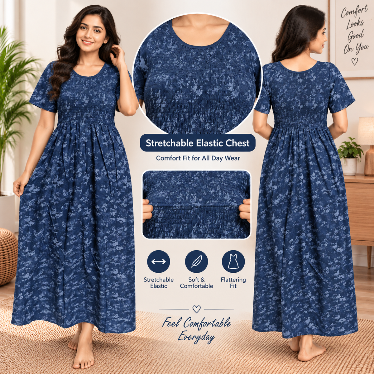 Veni's Women's Cotton Printed Frock Nighty – Navy Blue