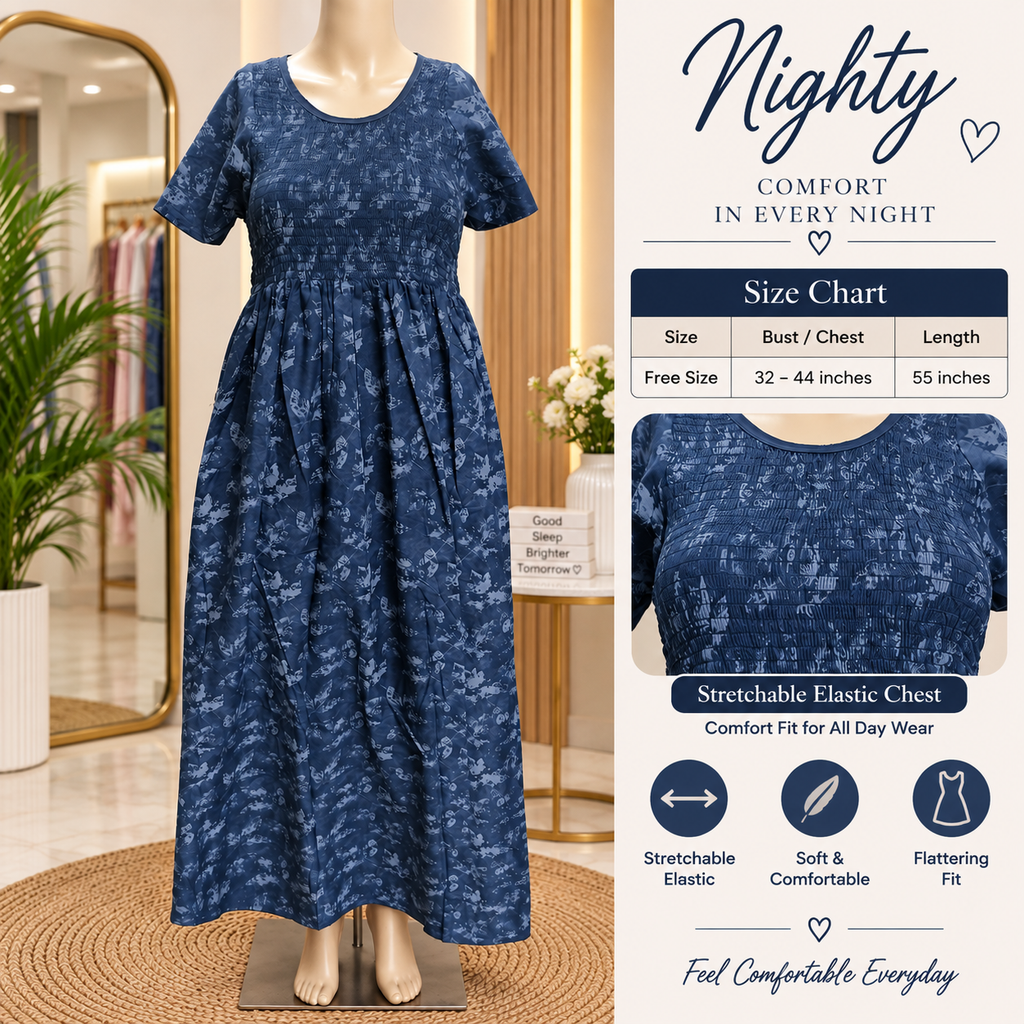 Veni's Women's Cotton Printed Frock Nighty – Navy Blue
