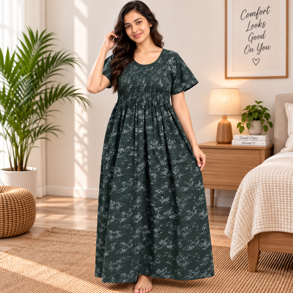 Veni's Women's Cotton Printed Frock Nighty – Dark Green