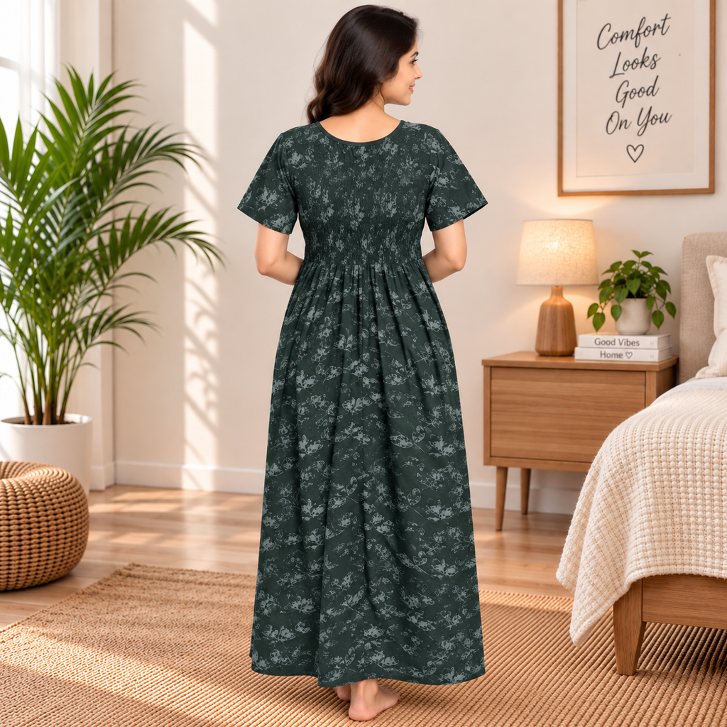 Veni's Women's Cotton Printed Frock Nighty – Dark Green