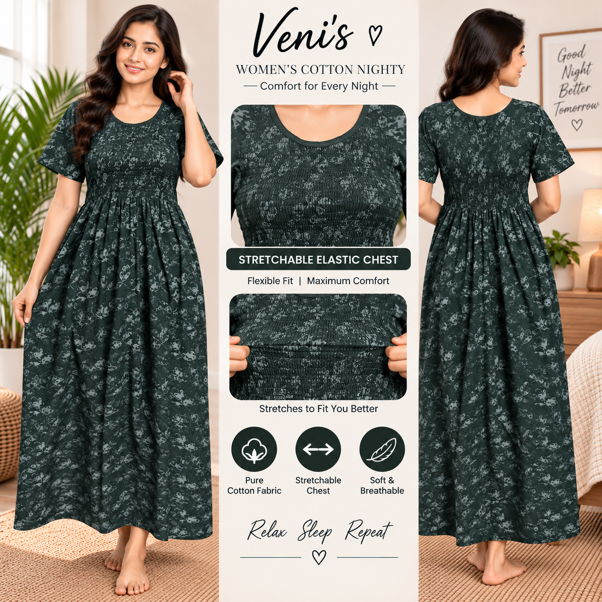 Veni's Women's Cotton Printed Frock Nighty – Dark Green