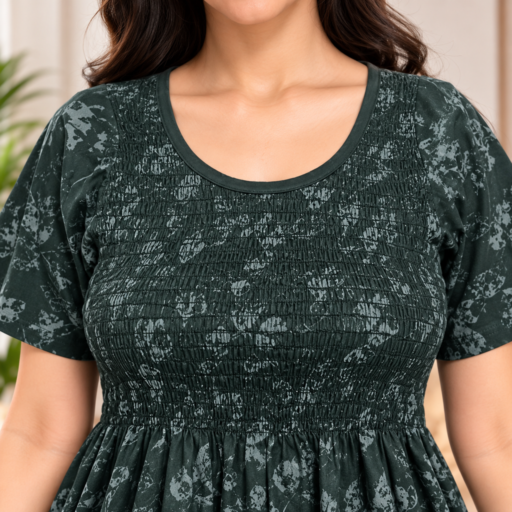 Veni's Women's Cotton Printed Frock Nighty – Dark Green