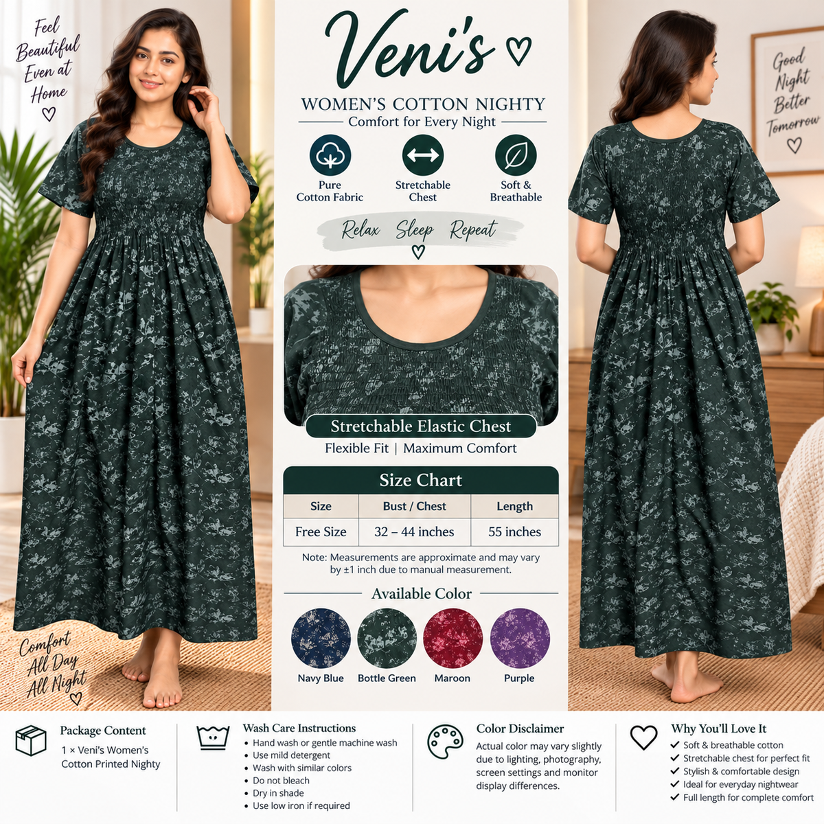 Veni's Women's Cotton Printed Frock Nighty – Dark Green