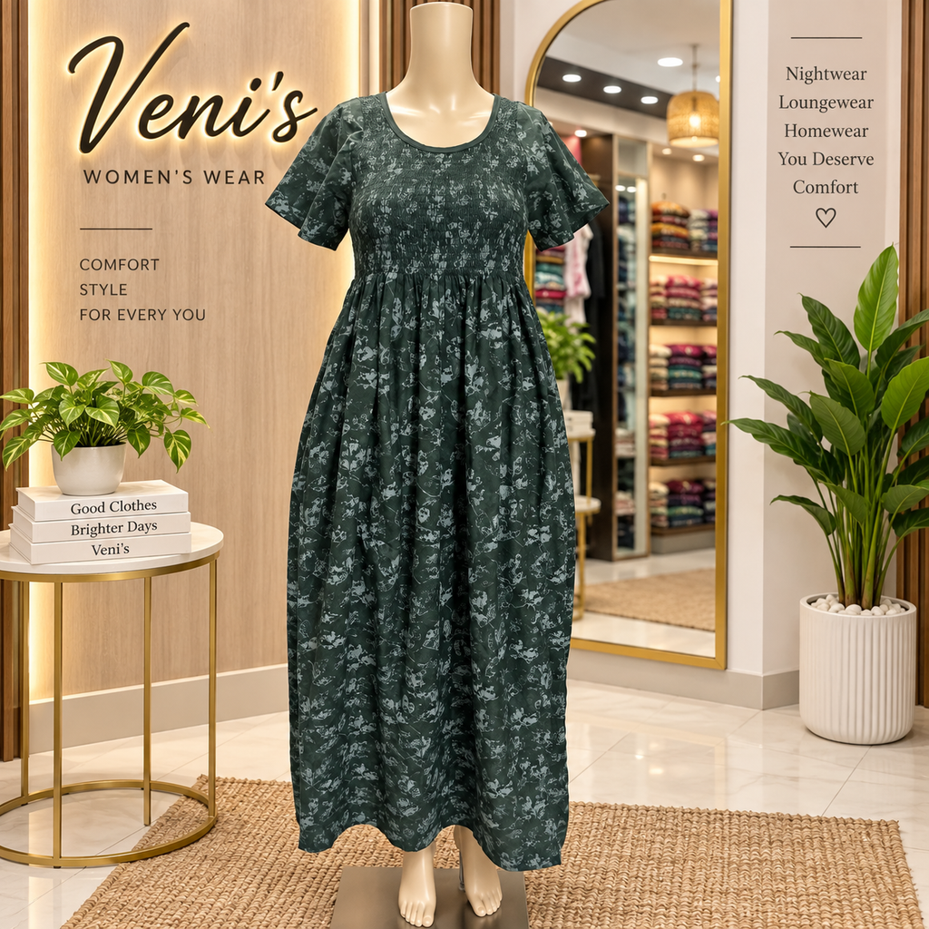 Veni's Women's Cotton Printed Frock Nighty – Dark Green