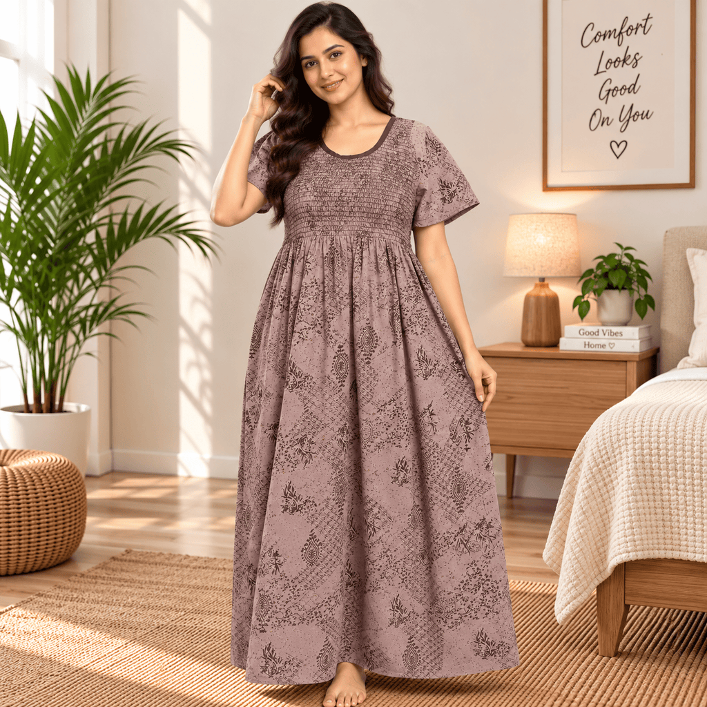 Veni's Women's Cotton Printed Frock Nighty with Stretchable Smocked Chest – Dusty Mauve
