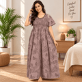 Veni's Women's Cotton Printed Frock Nighty with Stretchable Smocked Chest – Dusty Mauve