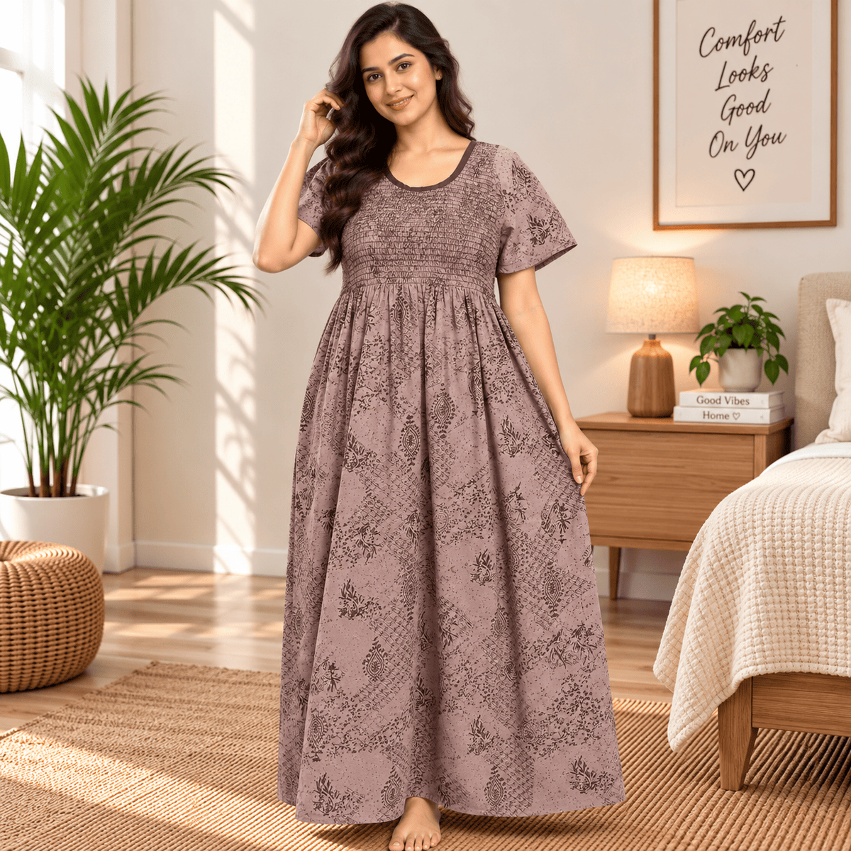 Veni's Women's Cotton Printed Frock Nighty with Stretchable Smocked Chest – Dusty Mauve
