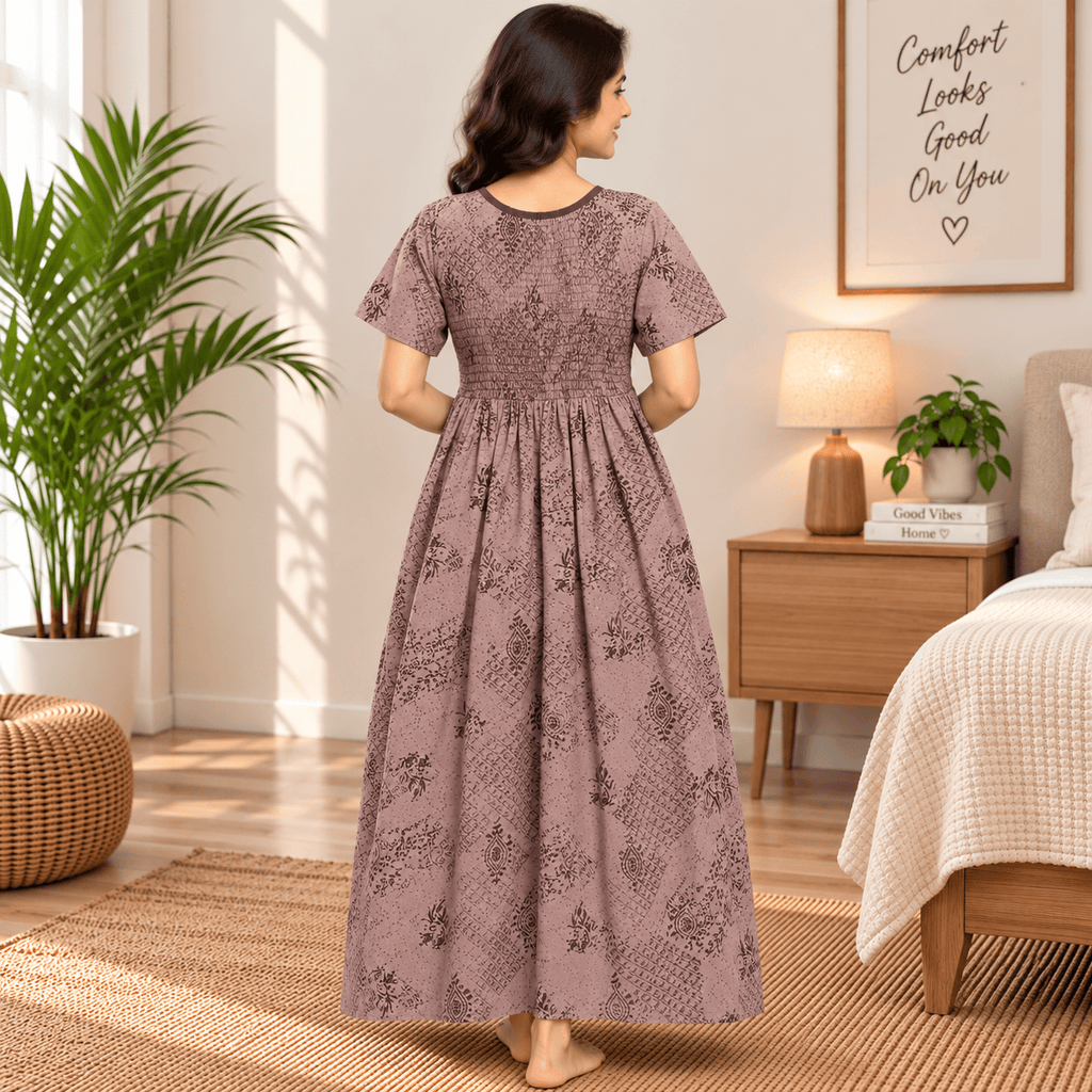 Veni's Women's Cotton Printed Frock Nighty with Stretchable Smocked Chest – Dusty Mauve