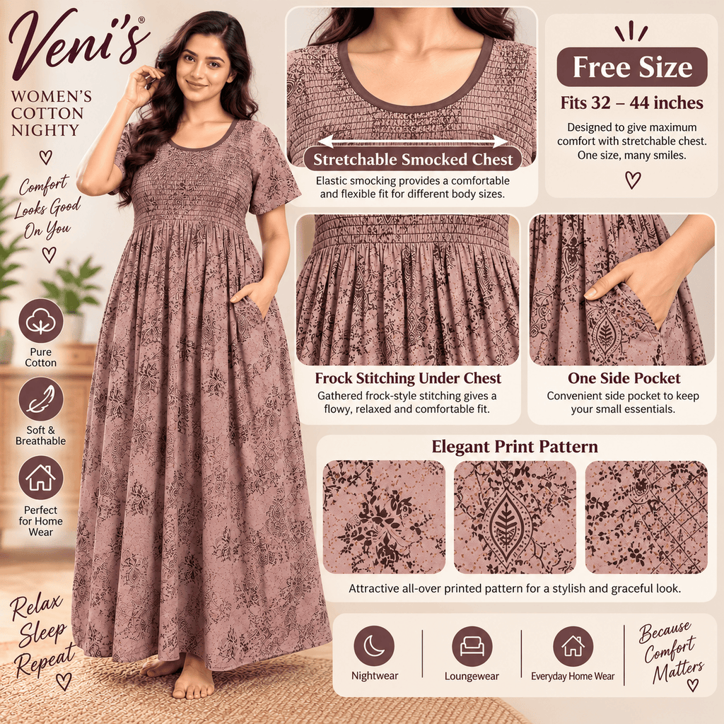 Veni's Women's Cotton Printed Frock Nighty with Stretchable Smocked Chest – Dusty Mauve