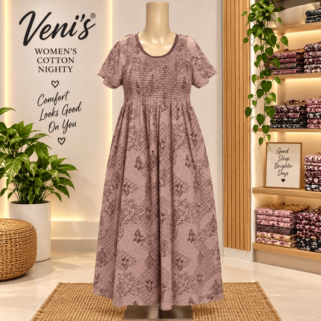 Veni's Women's Cotton Printed Frock Nighty with Stretchable Smocked Chest – Dusty Mauve