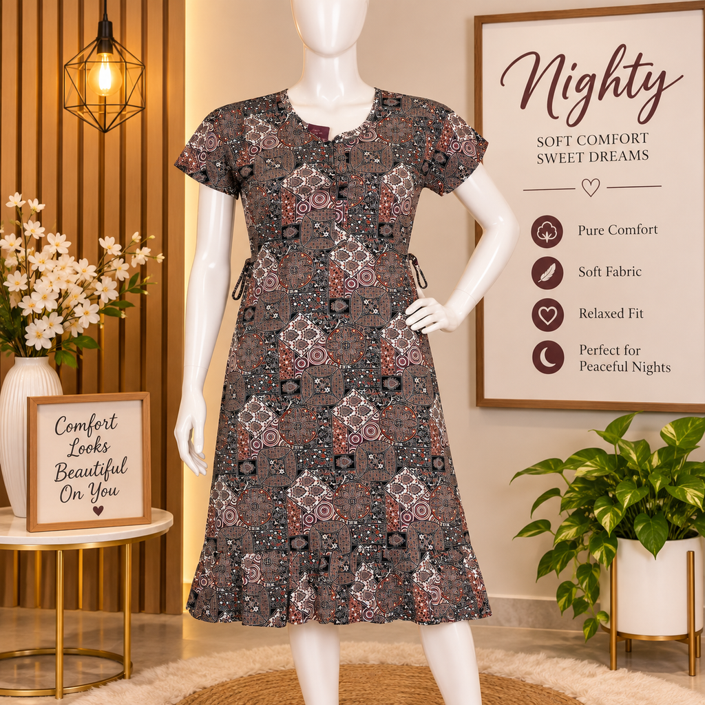 Veni's Cotton Printed Frock Nighty for Women – Comfortable Short Sleeve Nightwear