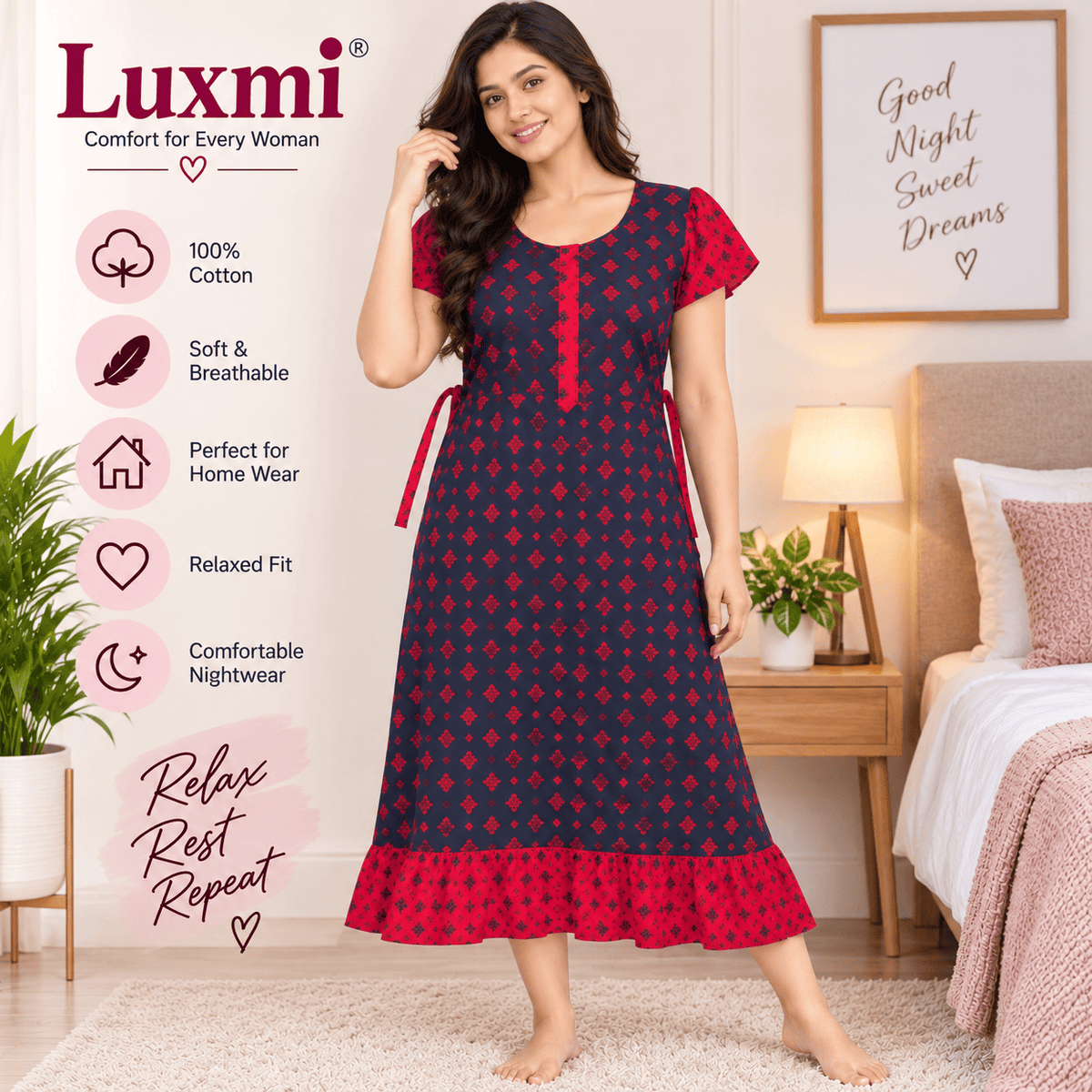 Luxmi Cotton Frock Nighty for Women – Printed Comfortable Nightwear