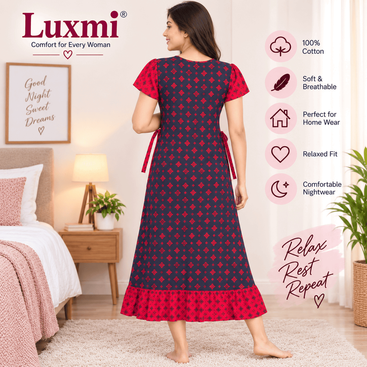 Luxmi Cotton Frock Nighty for Women – Printed Comfortable Nightwear