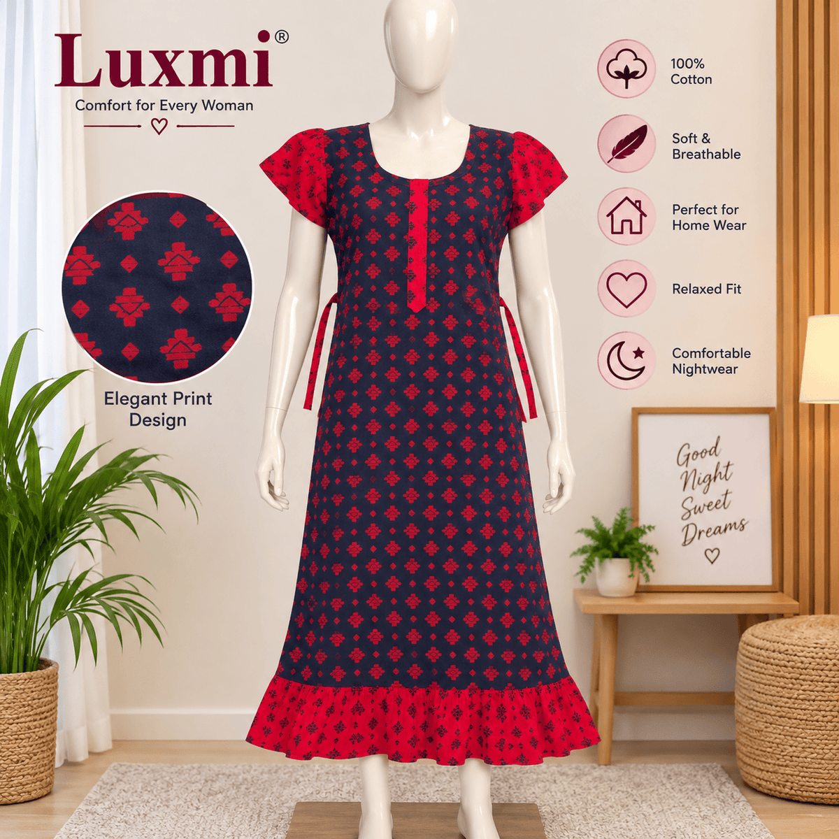 Luxmi Cotton Frock Nighty for Women – Printed Comfortable Nightwear
