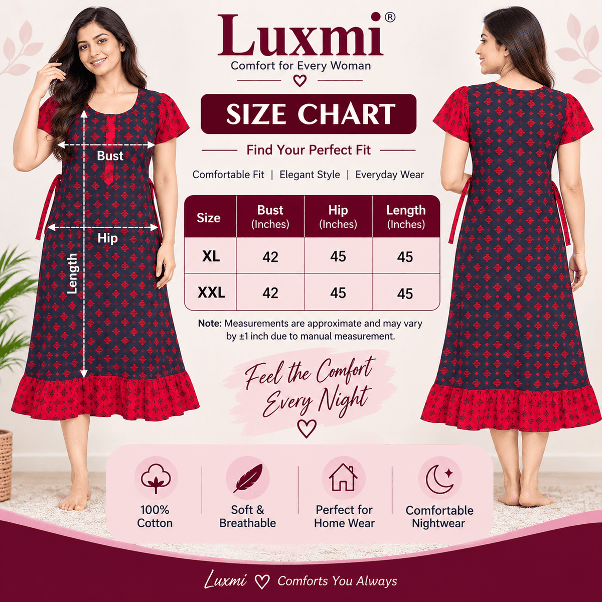Luxmi Cotton Frock Nighty for Women – Printed Comfortable Nightwear