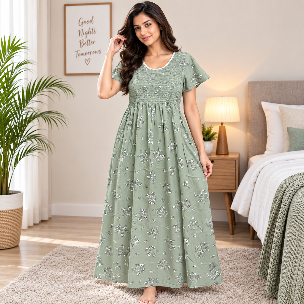 Veni's Sage Green Cotton Floral Frock Nighty for Women – Stretchable Elastic Chest