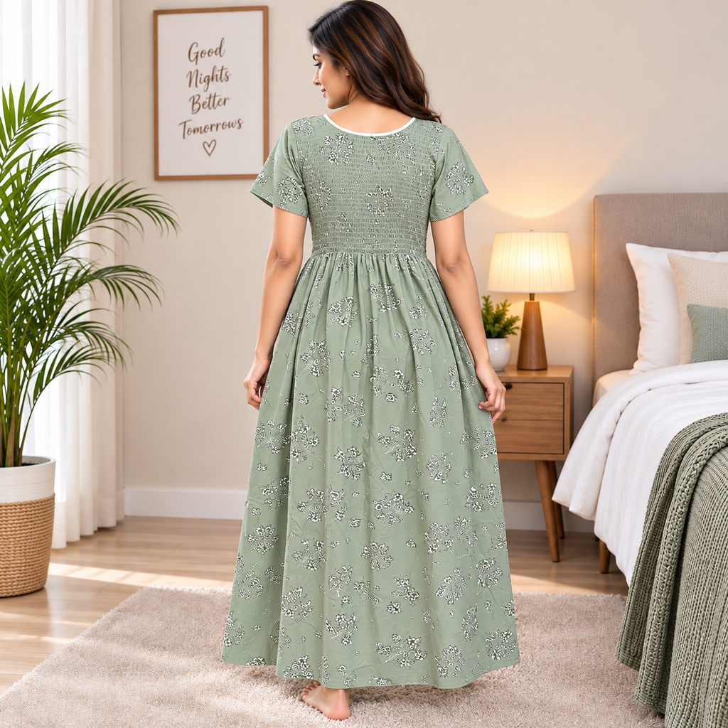 Veni's Sage Green Cotton Floral Frock Nighty for Women – Stretchable Elastic Chest