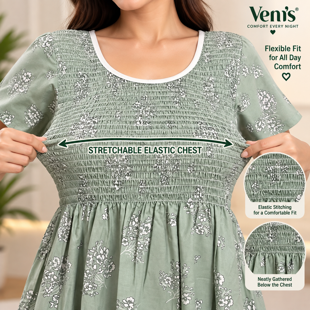 Veni's Sage Green Cotton Floral Frock Nighty for Women – Stretchable Elastic Chest