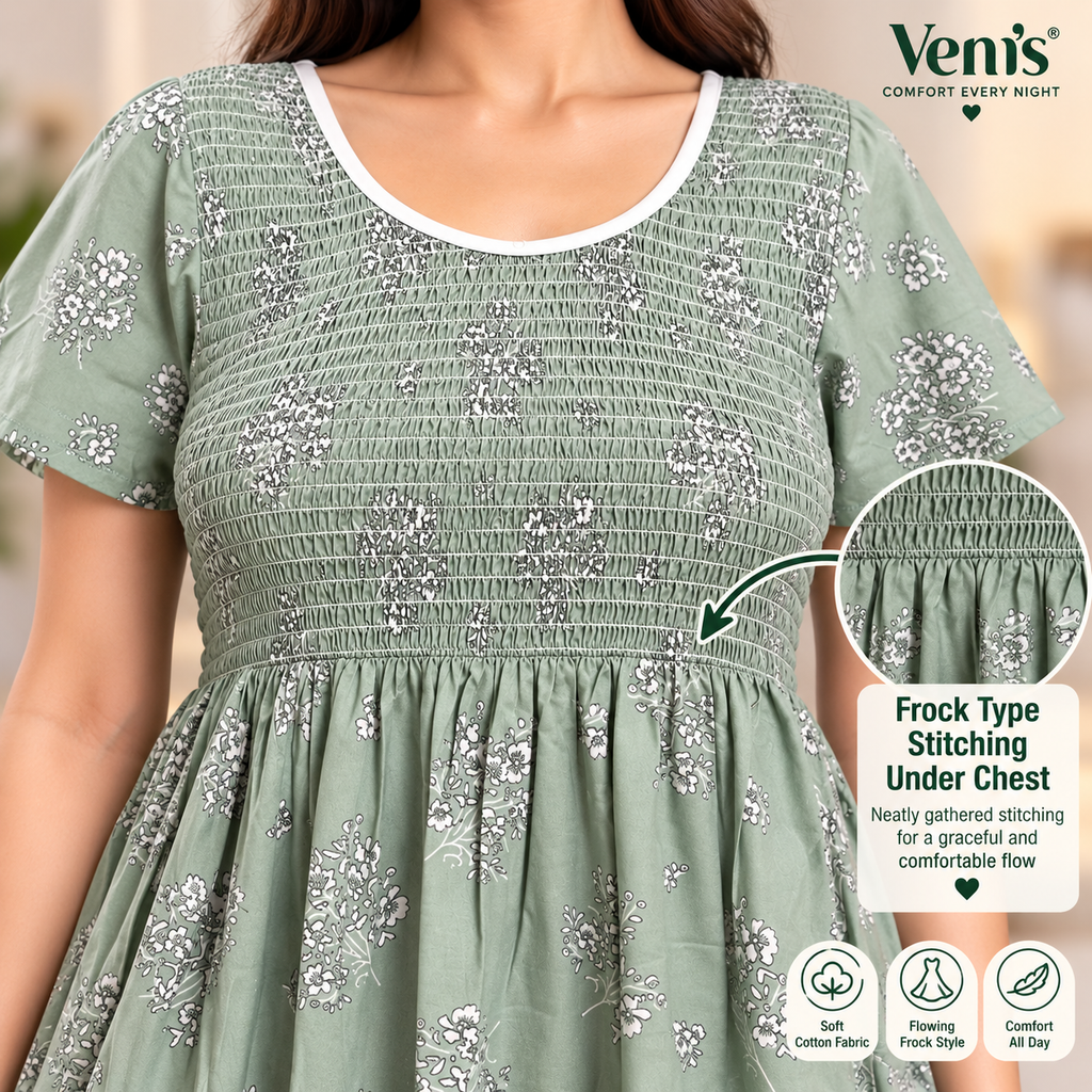 Veni's Sage Green Cotton Floral Frock Nighty for Women – Stretchable Elastic Chest