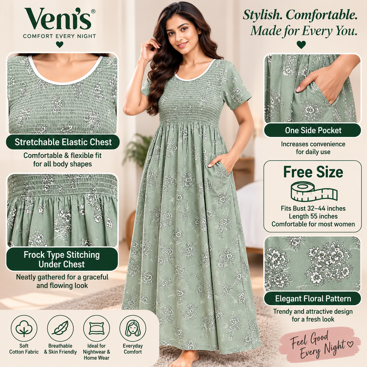 Veni's Sage Green Cotton Floral Frock Nighty for Women – Stretchable Elastic Chest