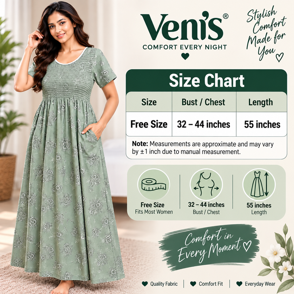 Veni's Sage Green Cotton Floral Frock Nighty for Women – Stretchable Elastic Chest