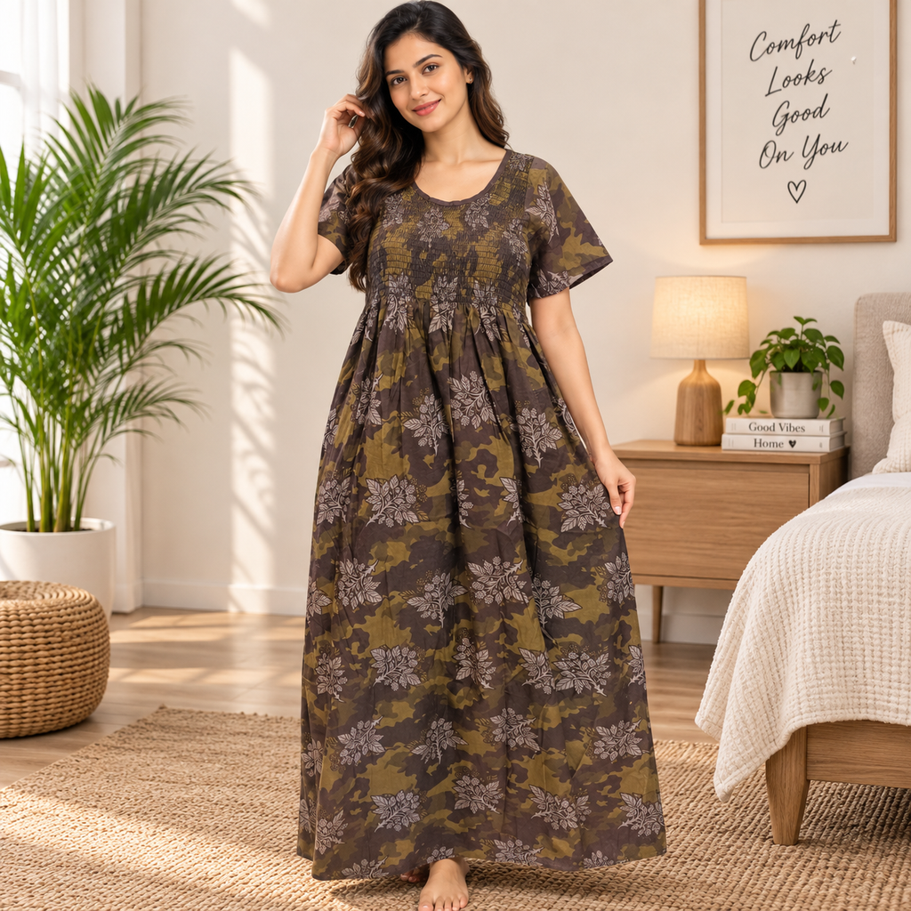 Veni’s Cotton Camouflage Floral Frock Nighty for Women