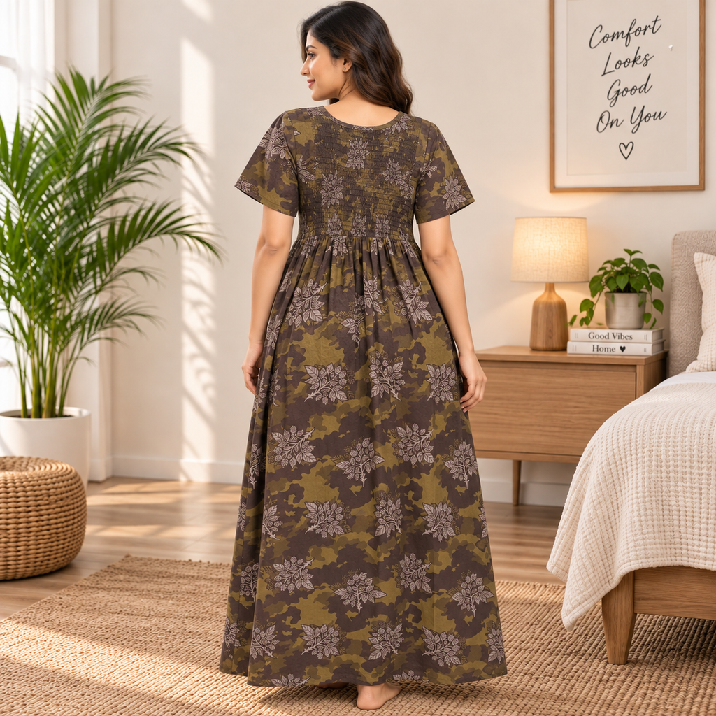 Veni’s Cotton Camouflage Floral Frock Nighty for Women