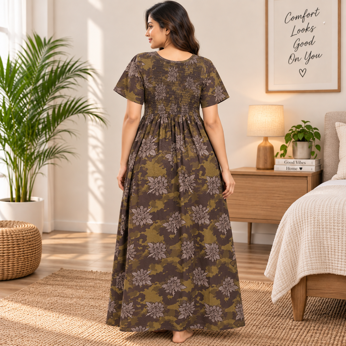 Veni’s Cotton Camouflage Floral Frock Nighty for Women